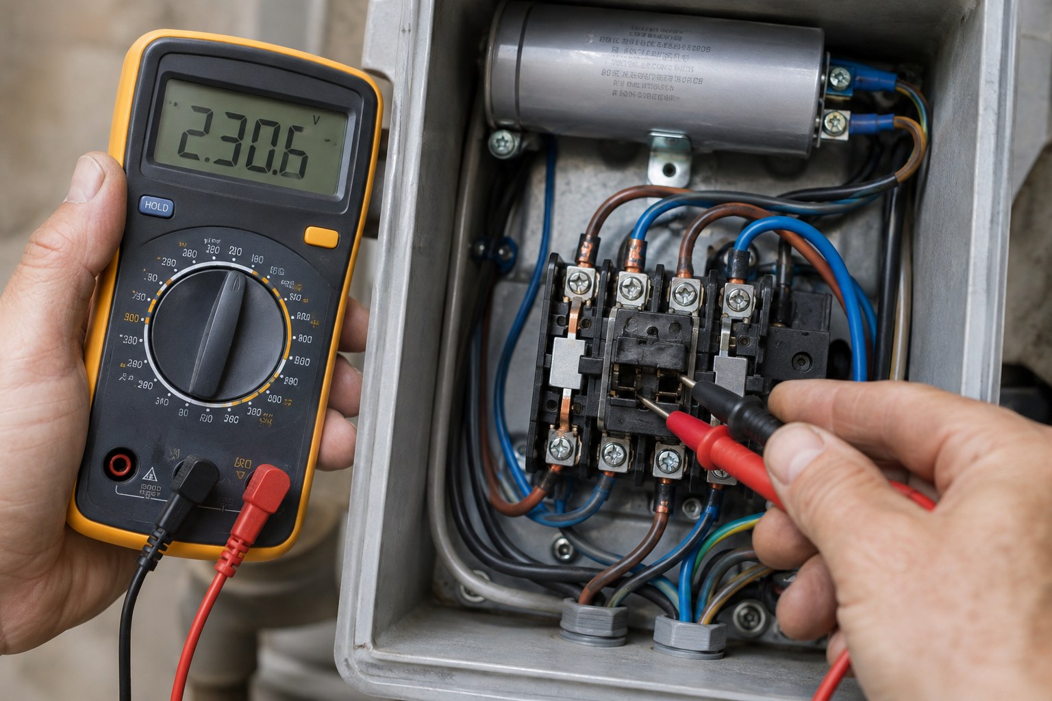 Technician testing a well pump control box